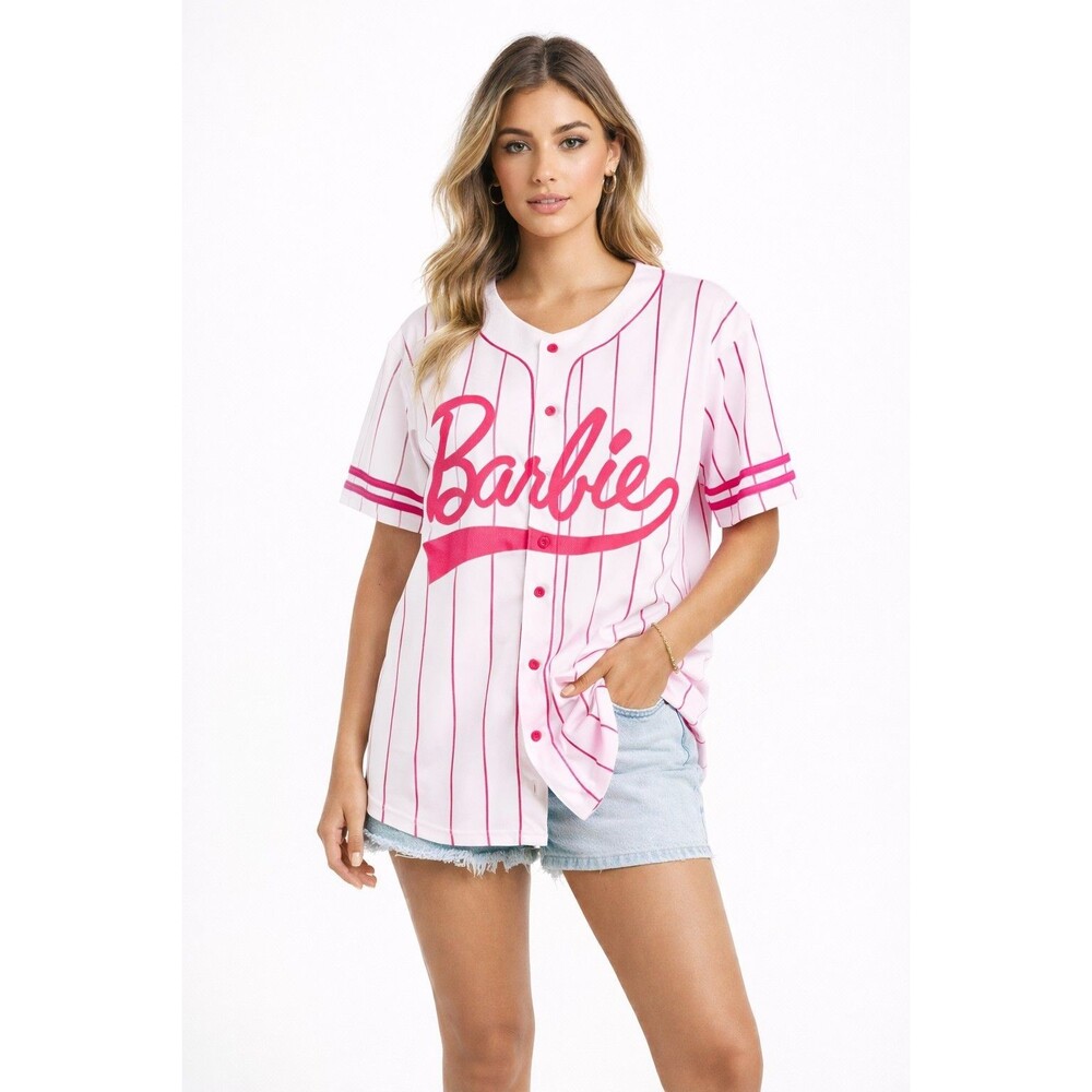 Barbie ICON Pink Pinstripe Baseball Jersey Women’s Large ButtonUp Streetwear Y2K